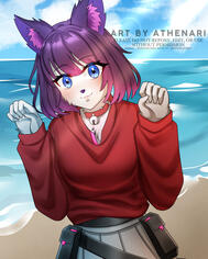 Custom furry profile picture artwork featuring an anthro wolf-girl character with purple and pink hair, bright blue eyes, and a red sweater, posing cutely by the ocean. Commissioned anime/chibi-style furry, perfect for profile pics, gaming, or social media