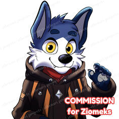Custom furry profile picture artwork featuring an anthro wolf-girl character with purple and pink hair, bright blue eyes, and a red sweater, posing cutely by the ocean. Commissioned anime/chibi-style furry, perfect for profile pics, gaming, or social media